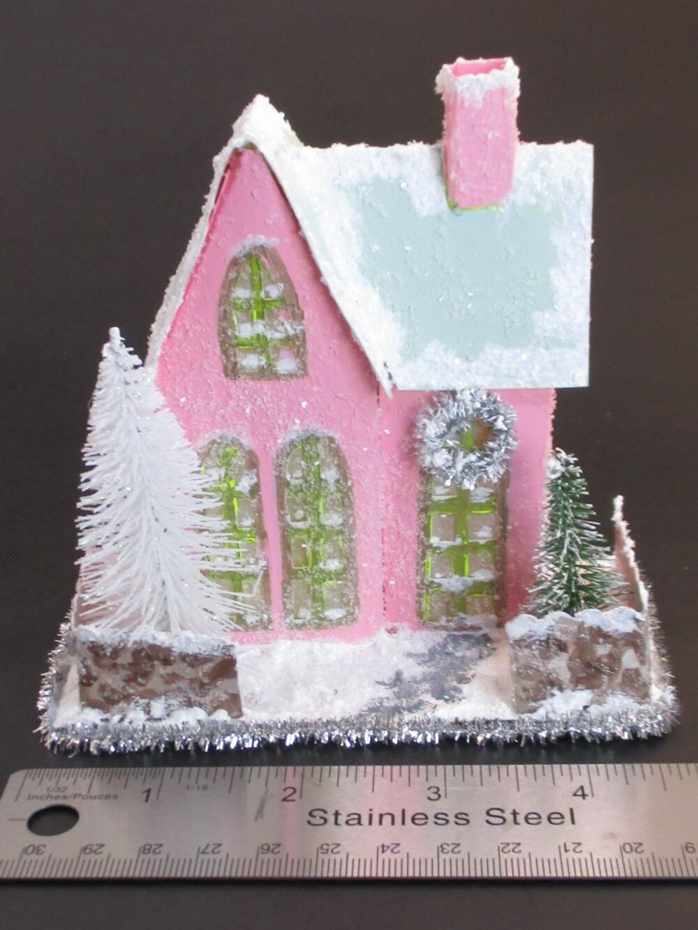 Pink Putz Glitter House, Vintage Style Christmas Ornament, 4.25 in h.x 4.5 in.